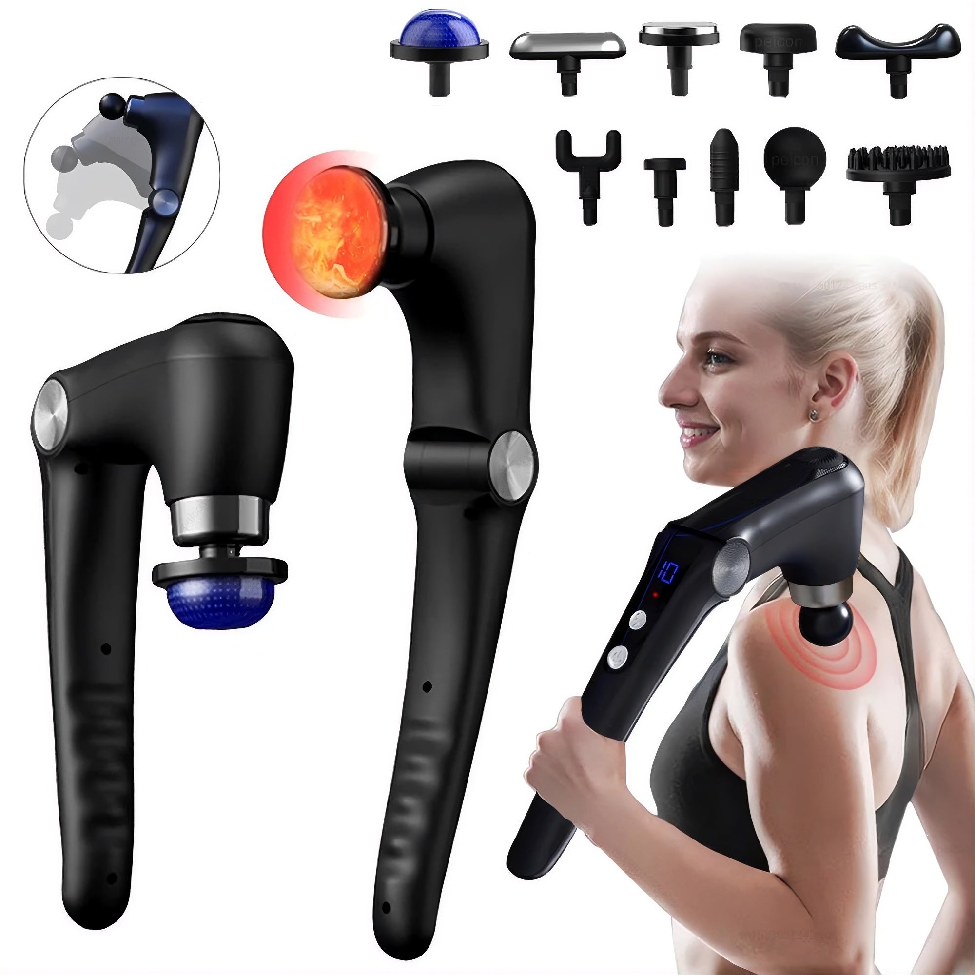 Percussion Massage Gun with Adjustable Extension Handle | 9 Speeds & 10 Heads