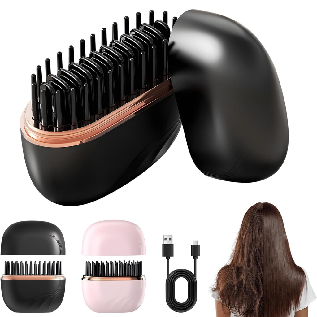 Mini Rechargeable Hair Straightener Brush – Cordless USB-C Travel Styler with 3-Speed Heat Control