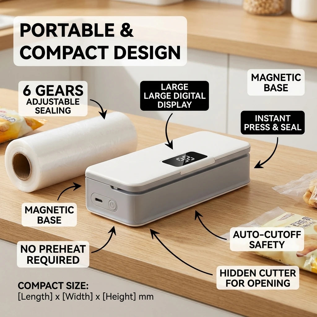 Compact Bag Sealer with Built-In Cutter & Rechargeable Battery