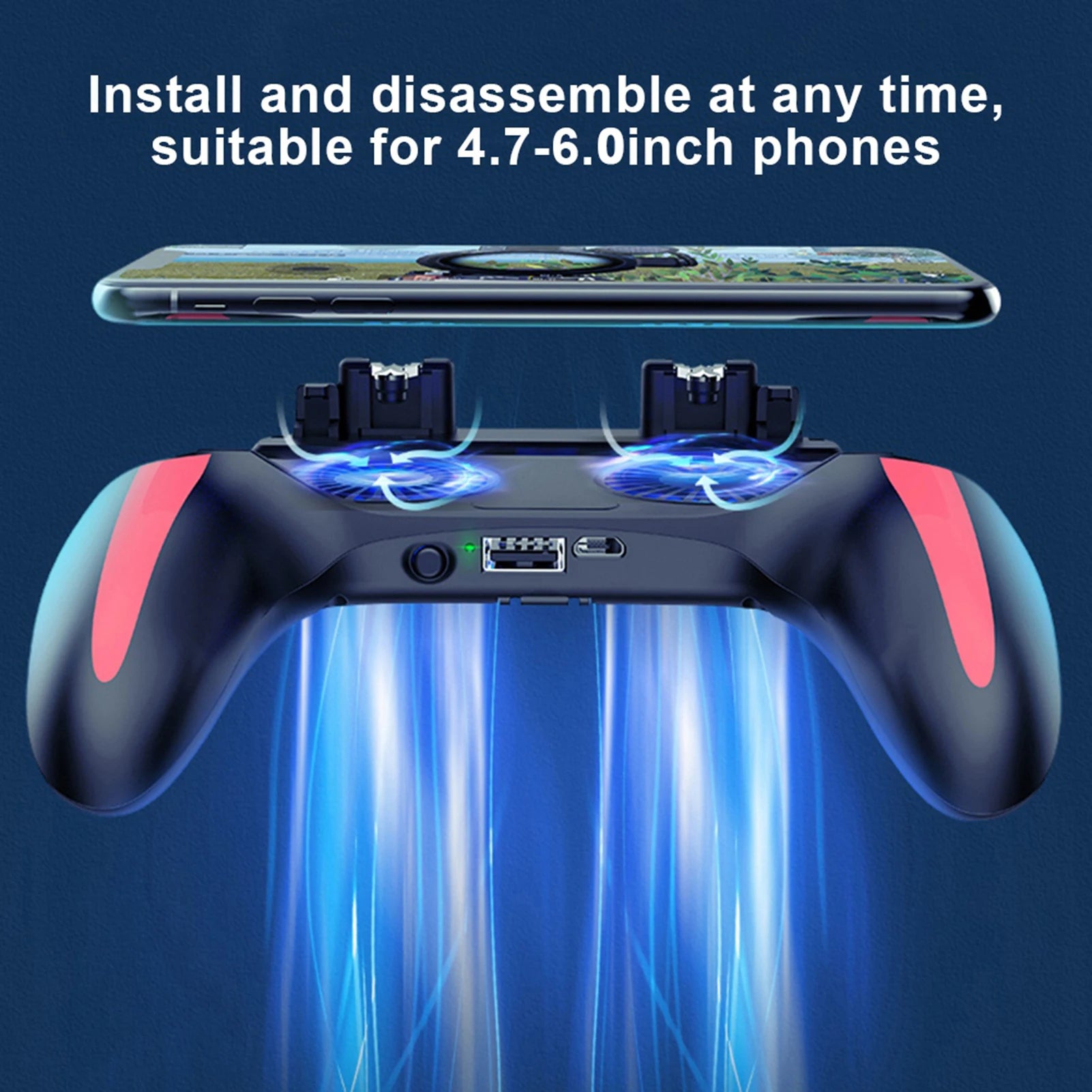 5-in-1 Mobile Game Controller with Dual Cooling Fans – L1R1 Triggers, Ergonomic Grip & Phone Stand for PUBG, COD & Fortnite
