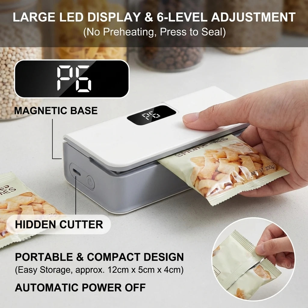 Compact Bag Sealer with Built-In Cutter & Rechargeable Battery