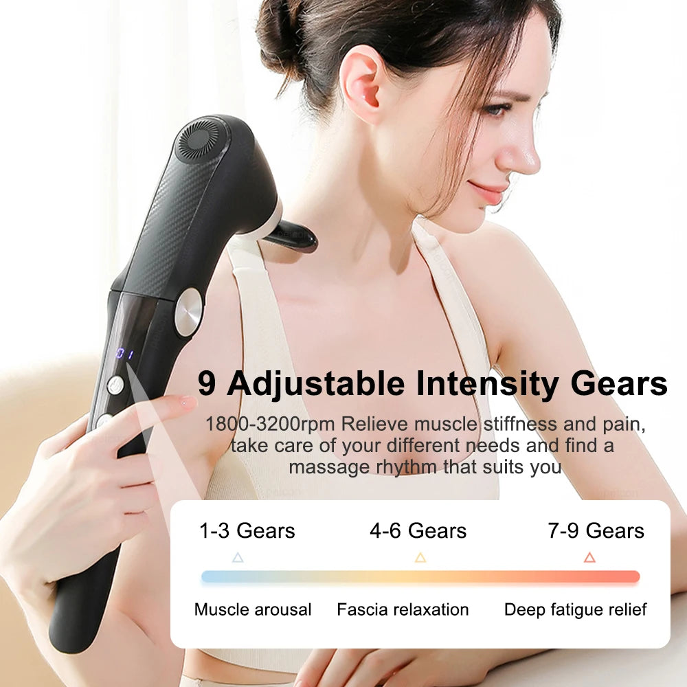 Percussion Massage Gun with Adjustable Extension Handle | 9 Speeds & 10 Heads