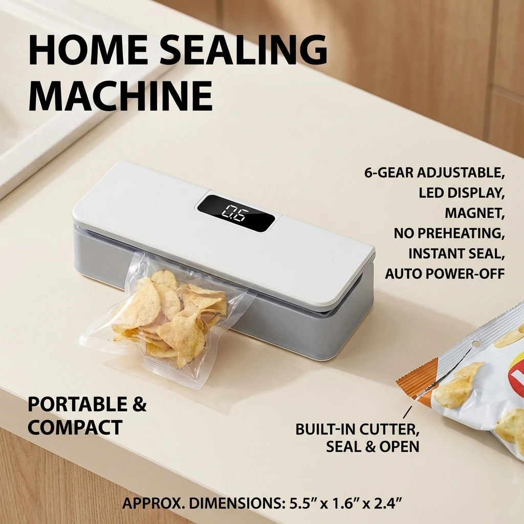 Compact Bag Sealer with Built-In Cutter & Rechargeable Battery