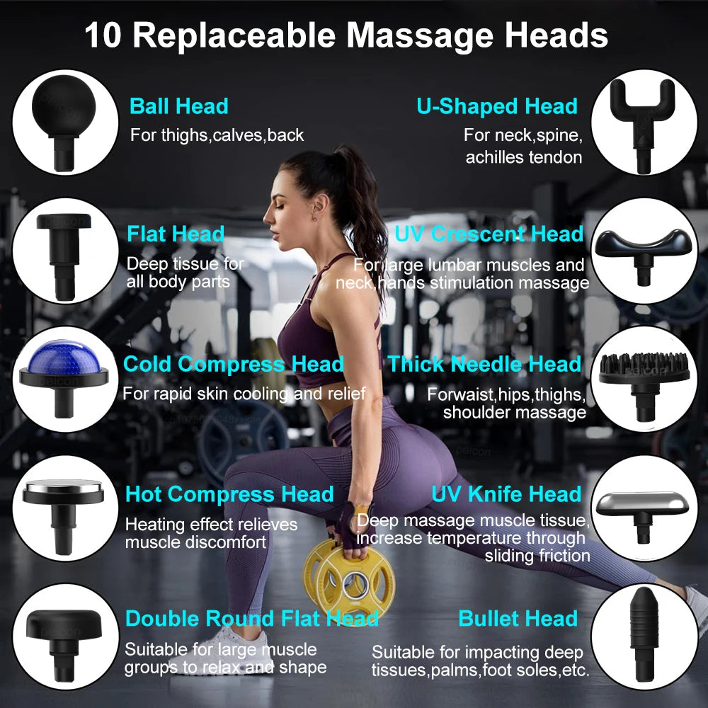 Percussion Massage Gun with Adjustable Extension Handle | 9 Speeds & 10 Heads