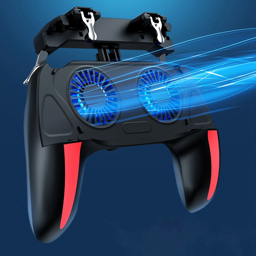 5-in-1 Mobile Game Controller with Dual Cooling Fans – L1R1 Triggers, Ergonomic Grip & Phone Stand for PUBG, COD & Fortnite