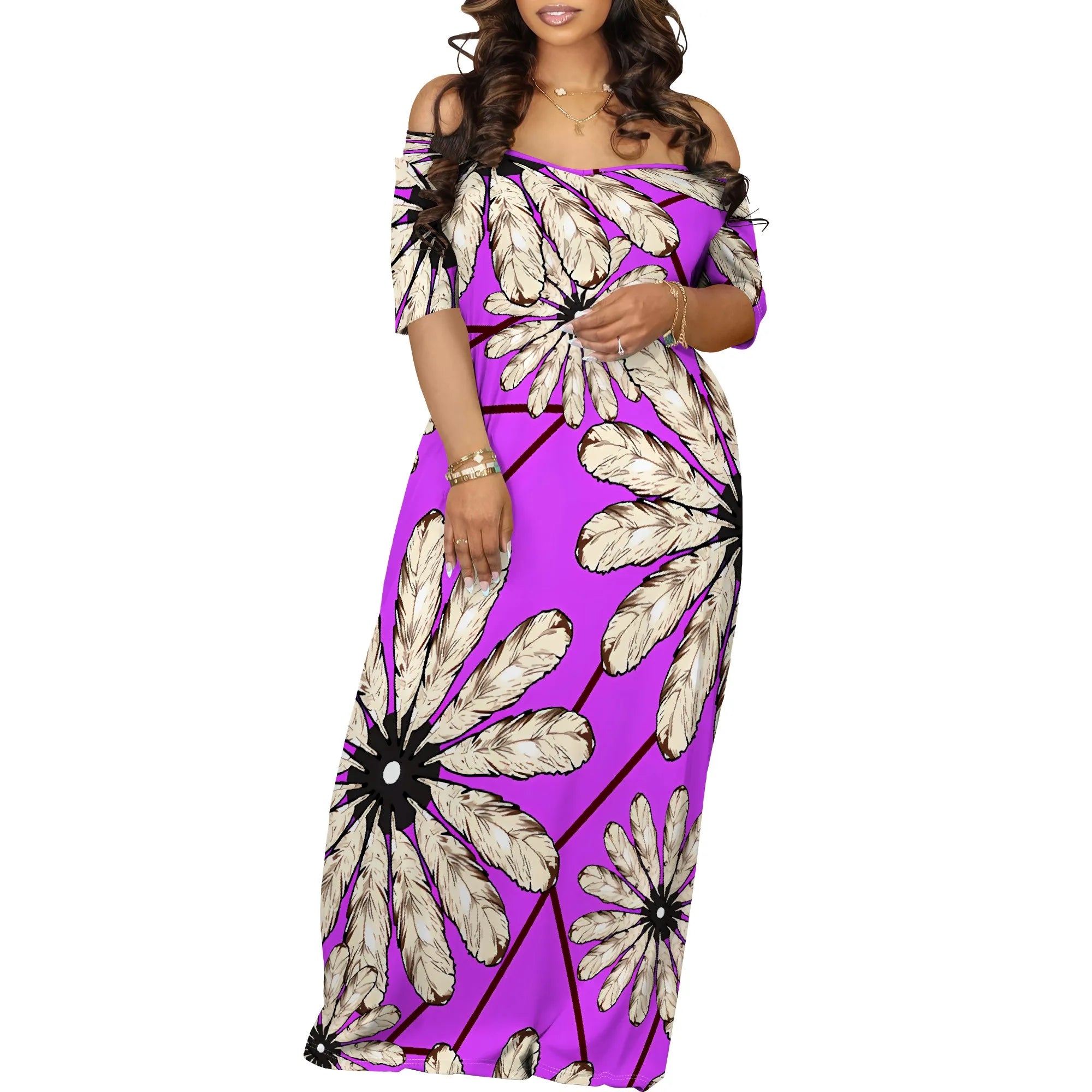 Meslima Women's Loose Print Maxi Dress – Short Sleeve, O-Neck, Spring Summer