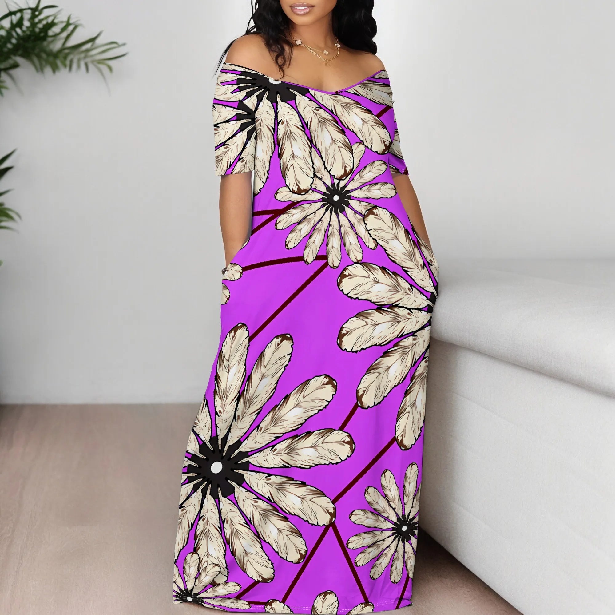 Meslima Women's Loose Print Maxi Dress – Short Sleeve, O-Neck, Spring Summer