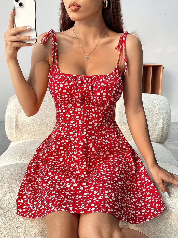 Women's French Style Floral A-Line Camisole Dress – Sleeveless, Knee-Length