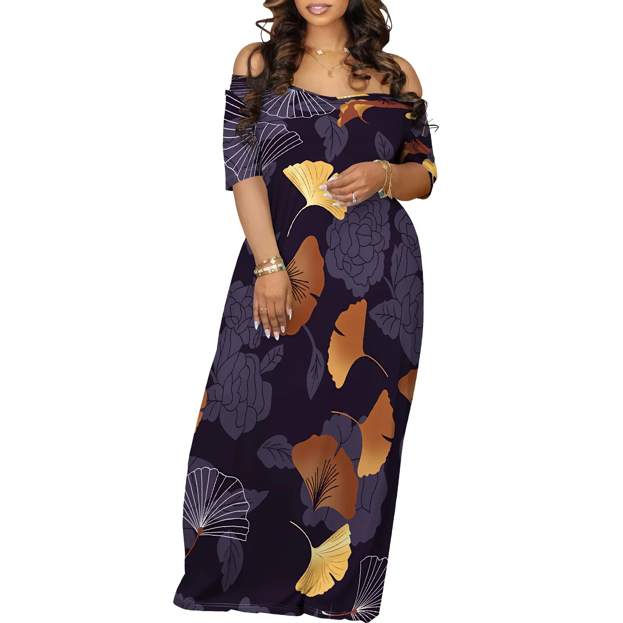 Meslima Women's Loose Print Maxi Dress – Short Sleeve, O-Neck, Spring Summer