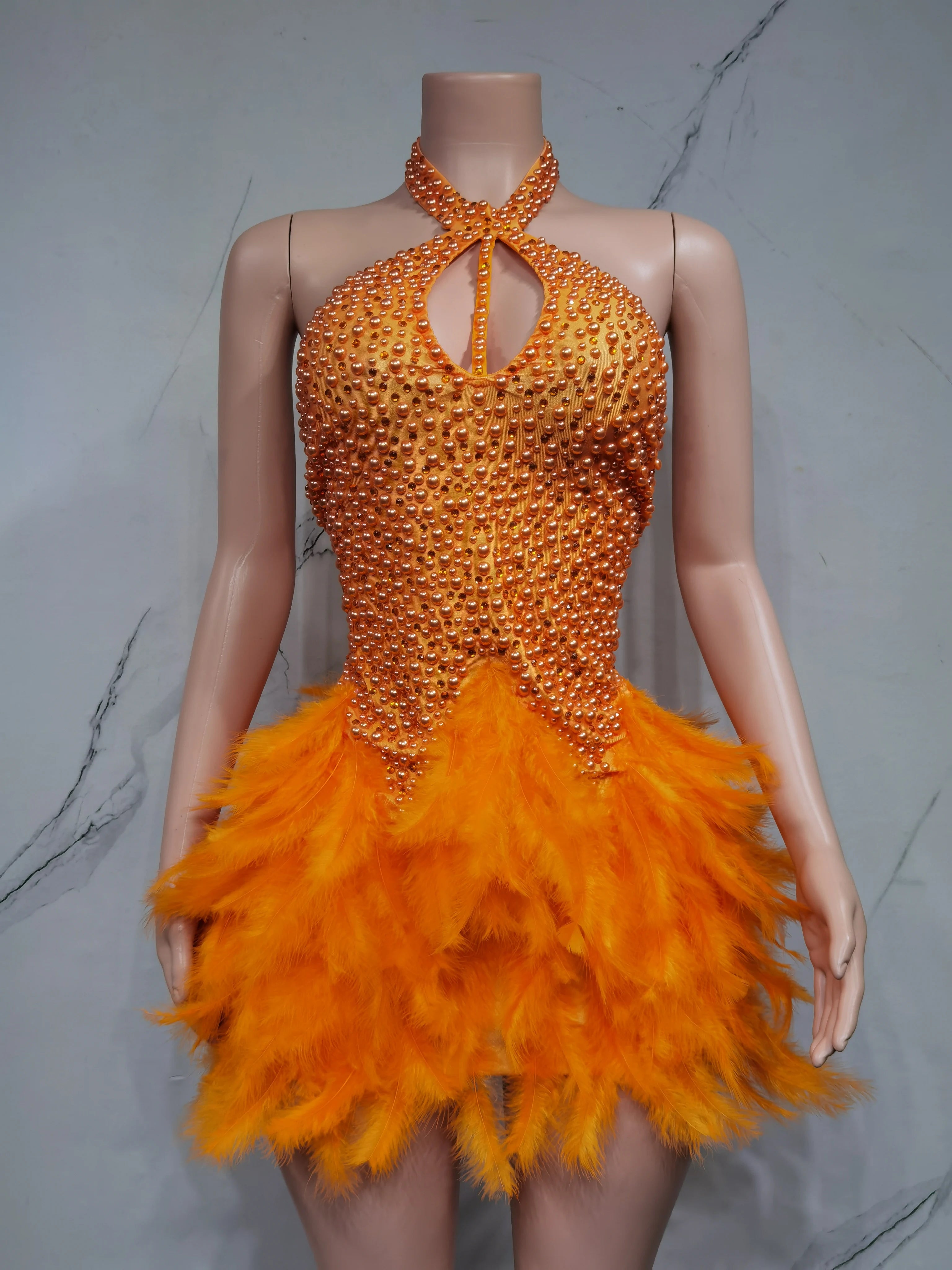 Women's Sexy Latin Dance Dress – Feather Skirt, Hollow Design & Halter Neck