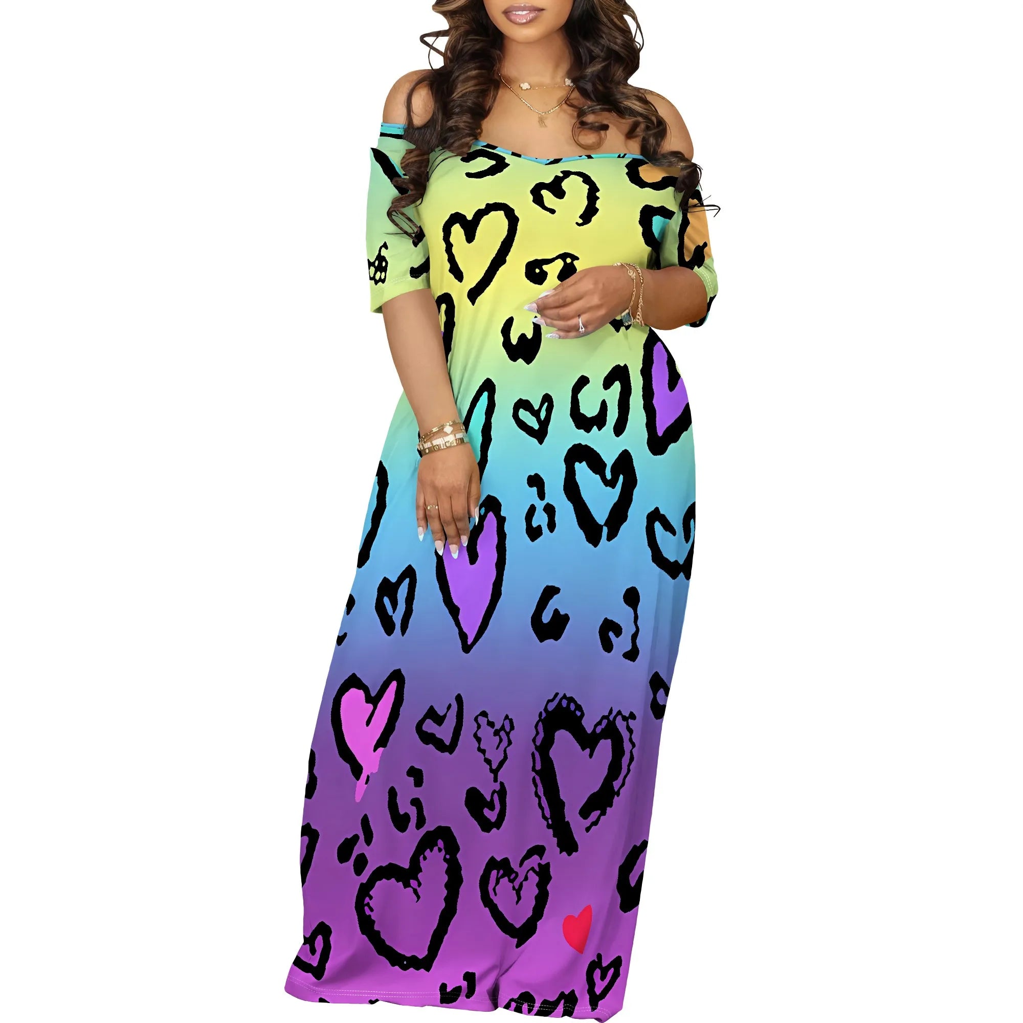 Meslima Women's Loose Print Maxi Dress – Short Sleeve, O-Neck, Spring Summer