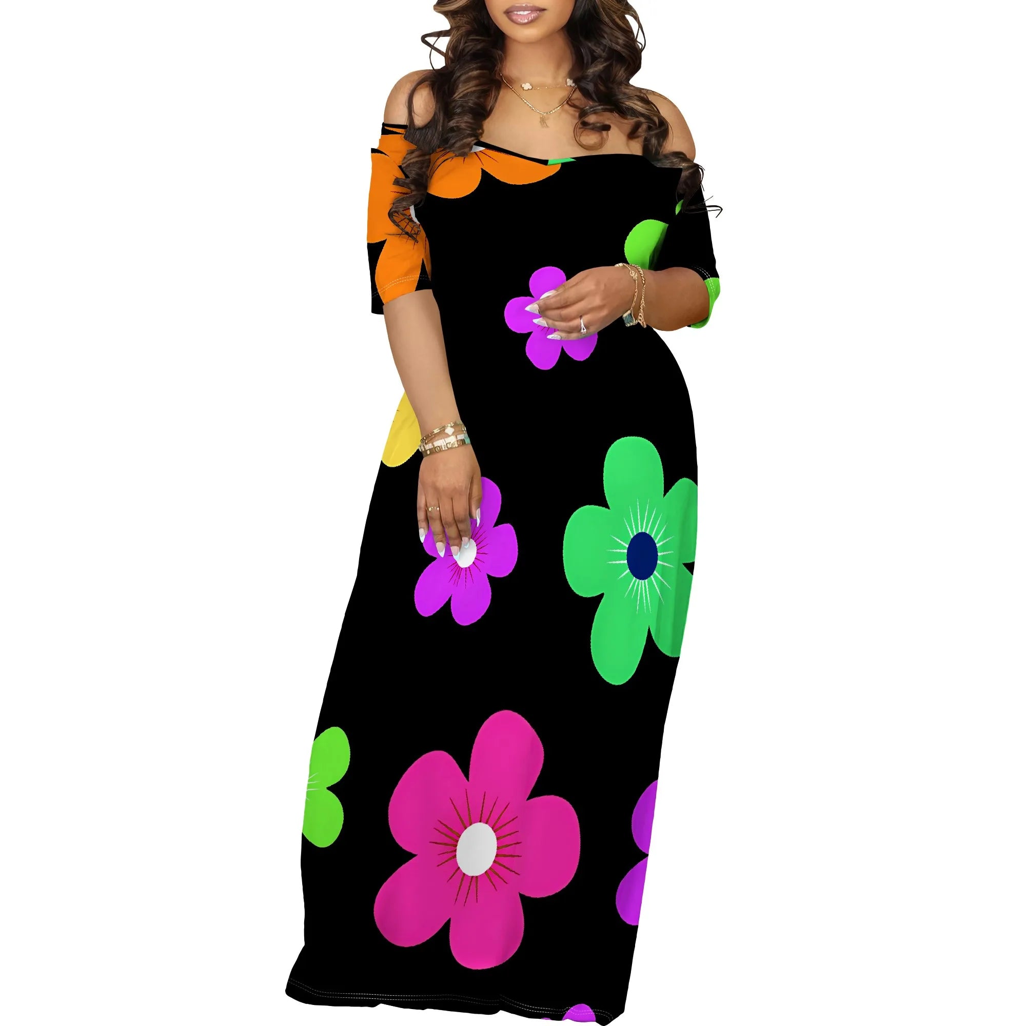 Meslima Women's Loose Print Maxi Dress – Short Sleeve, O-Neck, Spring Summer