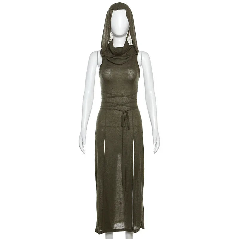 Fmxires Women's Sexy Hollow Out Hooded Sheath Dress – Slim Fit, Ankle-Length