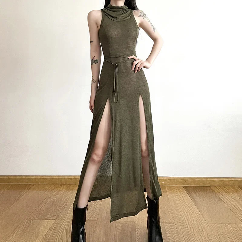 Fmxires Women's Sexy Hollow Out Hooded Sheath Dress – Slim Fit, Ankle-Length