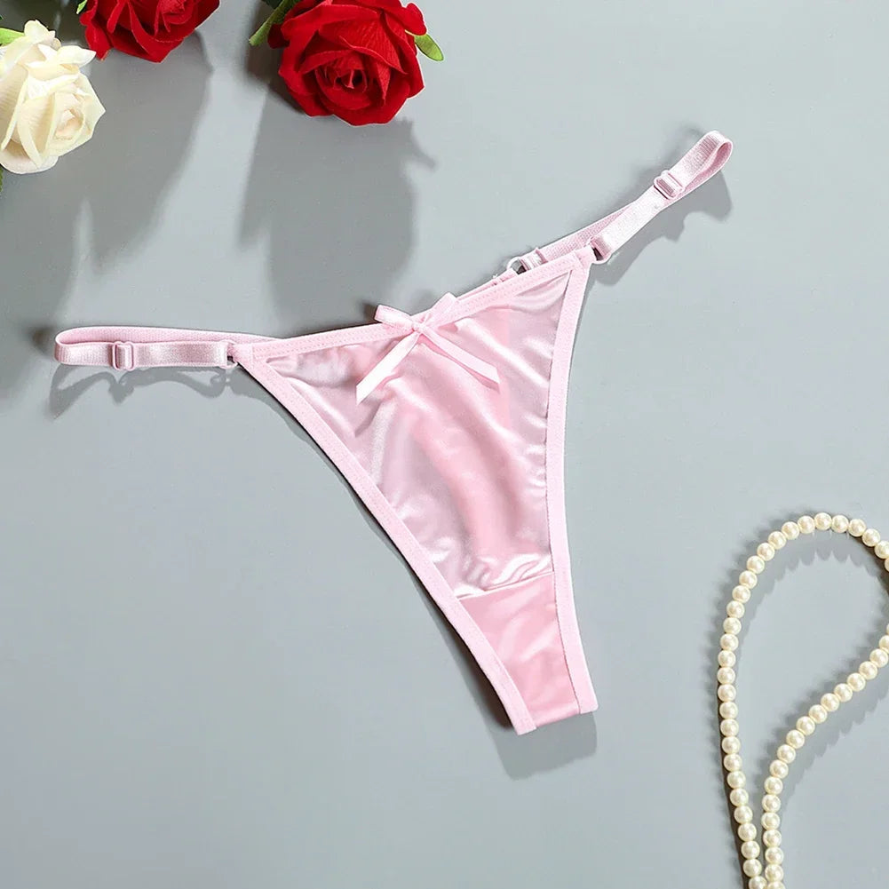 MOONBIFFY Women's Low-Rise G-String Panties – Bow Detail, Cotton Polyester Knit
