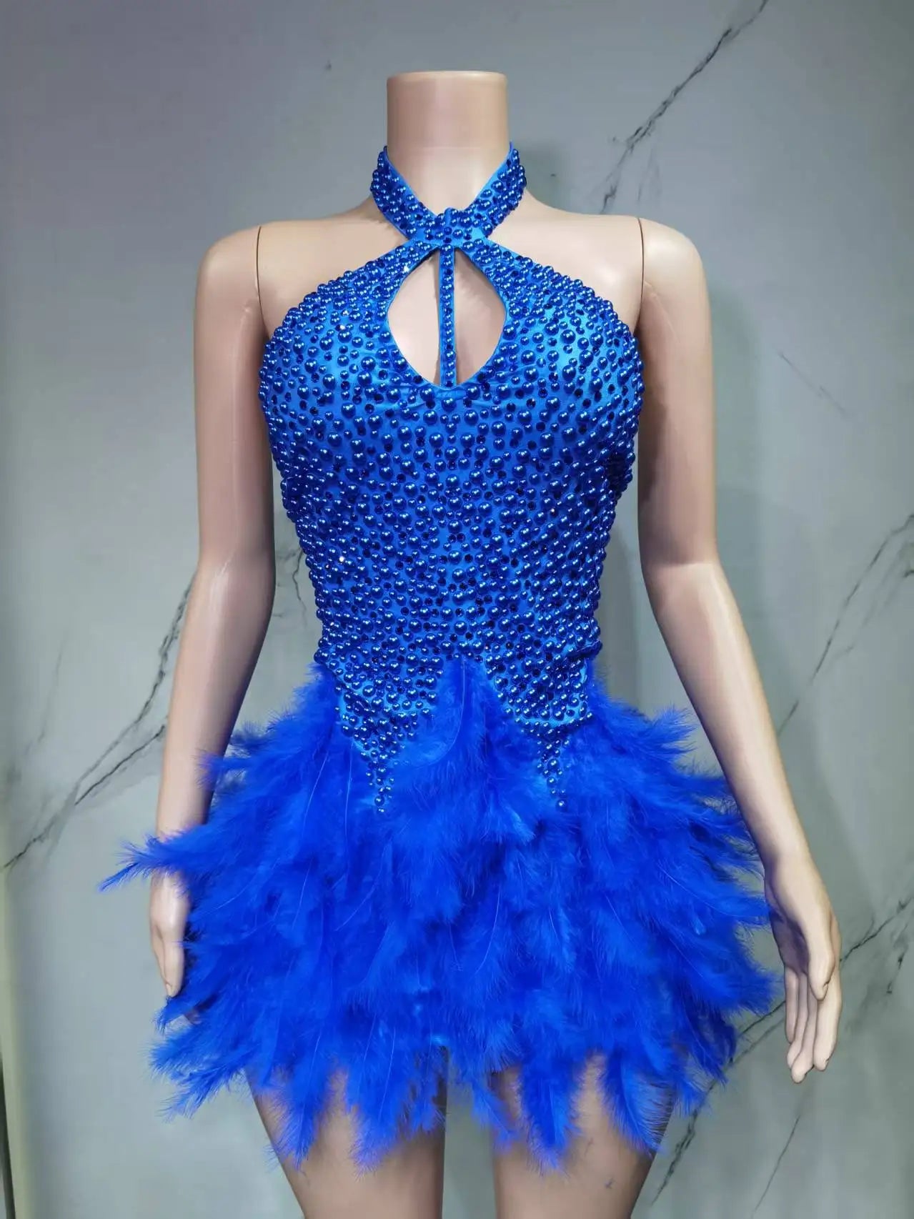 Women's Sexy Latin Dance Dress – Feather Skirt, Hollow Design & Halter Neck