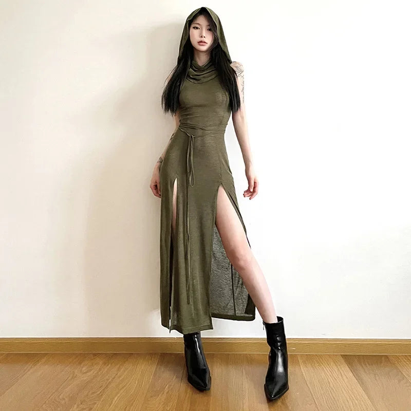 Fmxires Women's Sexy Hollow Out Hooded Sheath Dress – Slim Fit, Ankle-Length