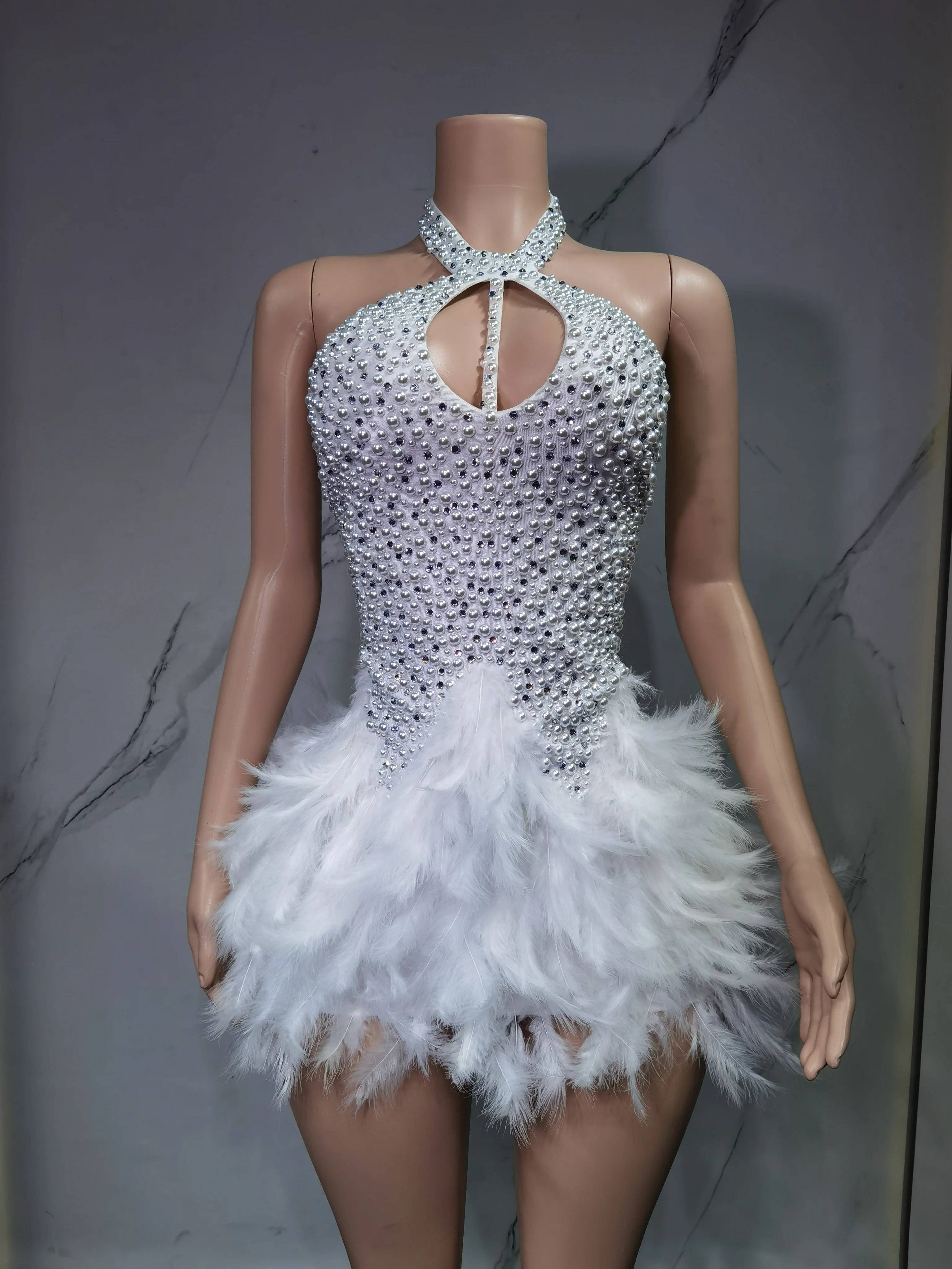 Women's Sexy Latin Dance Dress – Feather Skirt, Hollow Design & Halter Neck