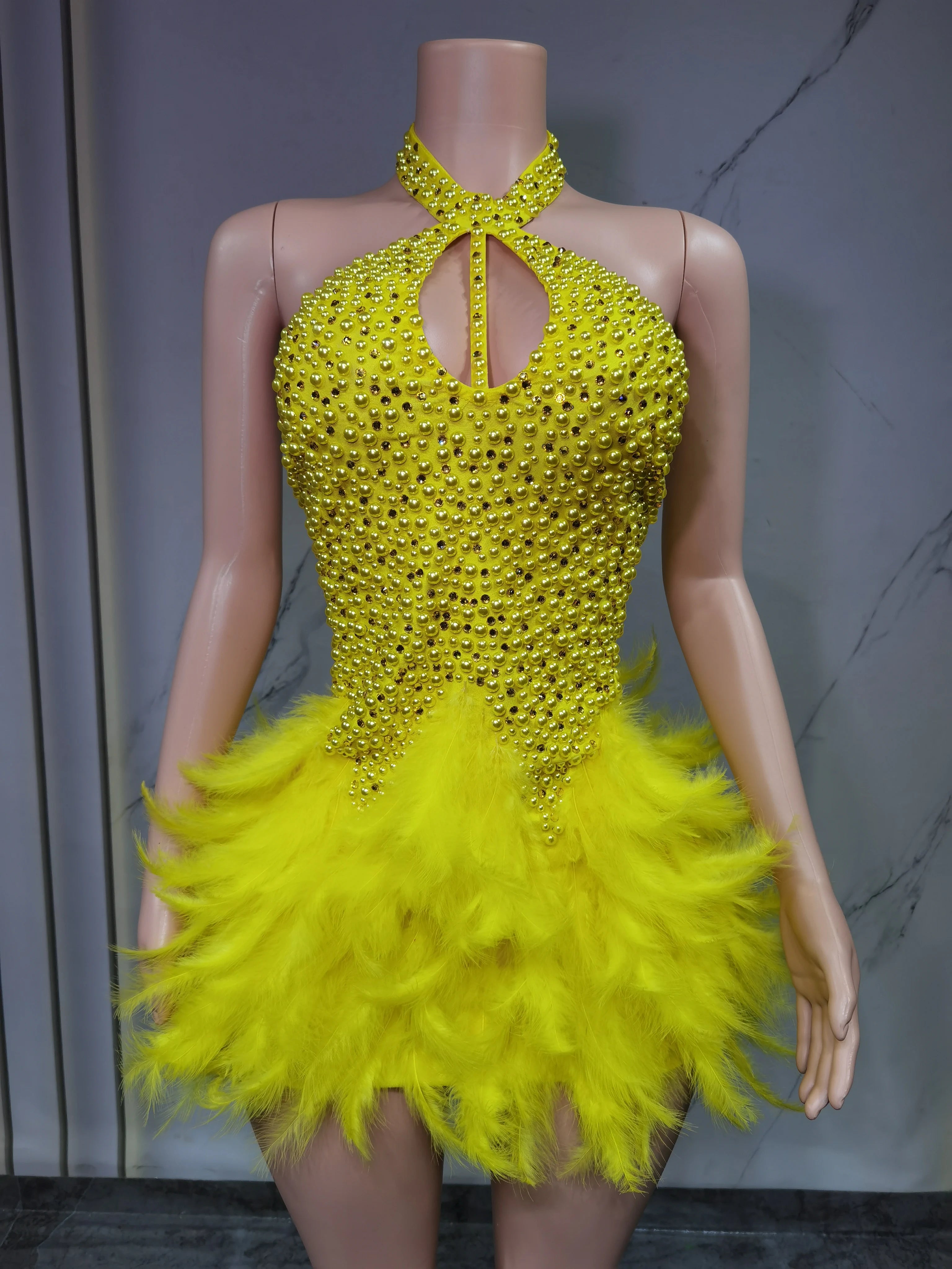 Women's Sexy Latin Dance Dress – Feather Skirt, Hollow Design & Halter Neck