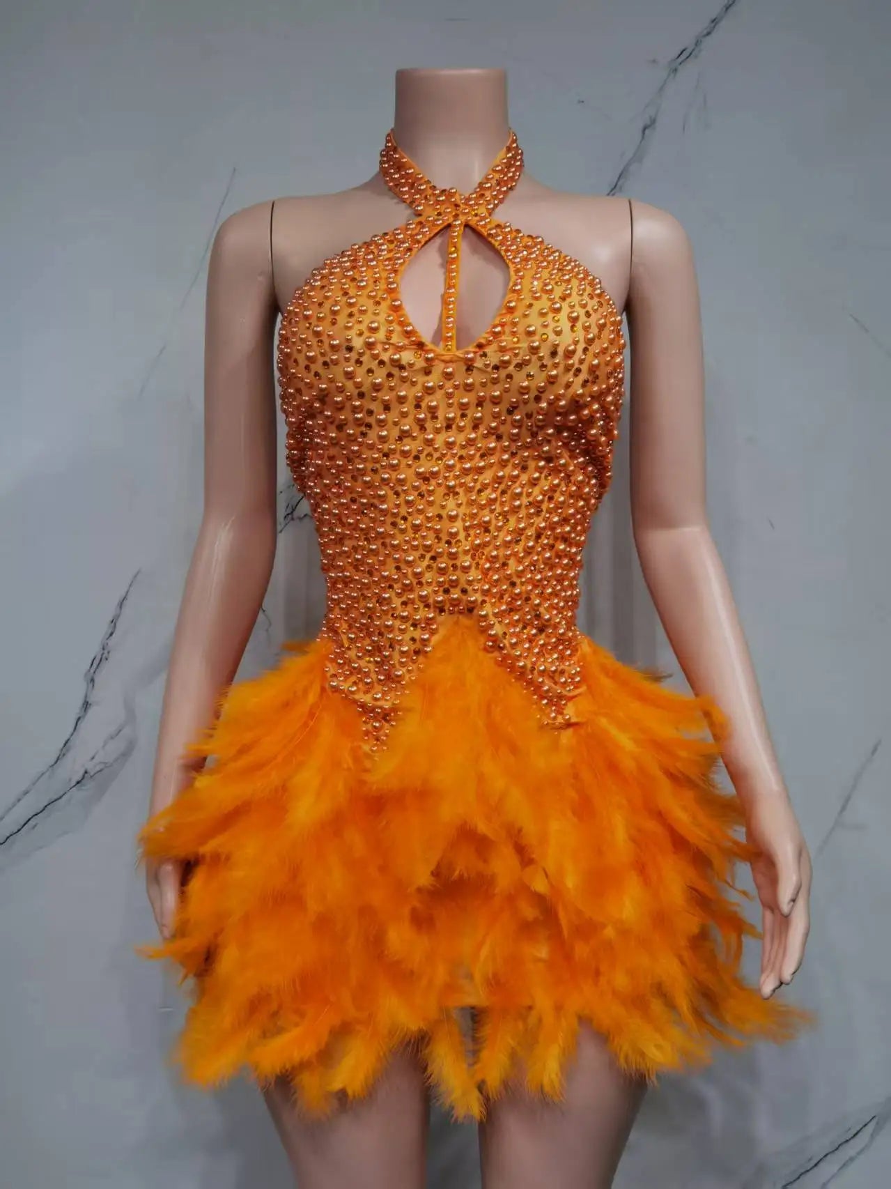 Women's Sexy Latin Dance Dress – Feather Skirt, Hollow Design & Halter Neck