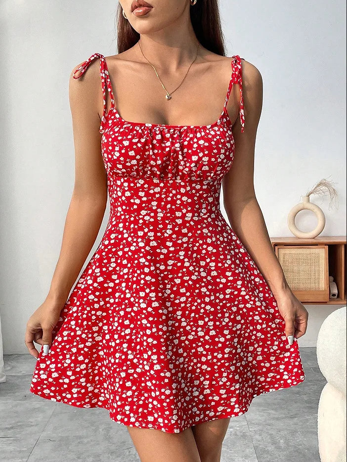 Women's French Style Floral A-Line Camisole Dress – Sleeveless, Knee-Length