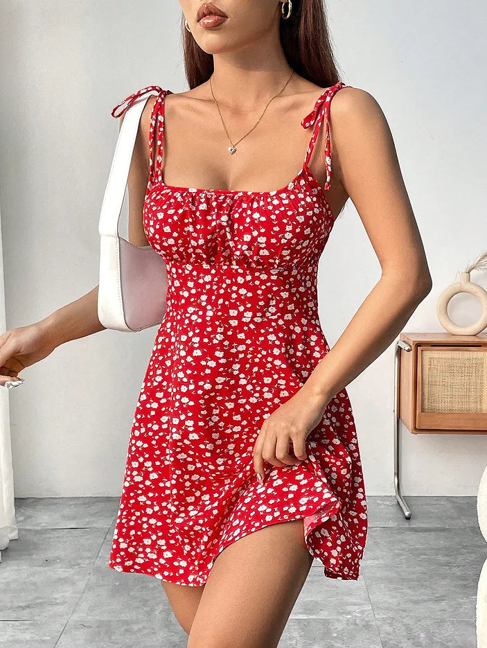 Women's French Style Floral A-Line Camisole Dress – Sleeveless, Knee-Length