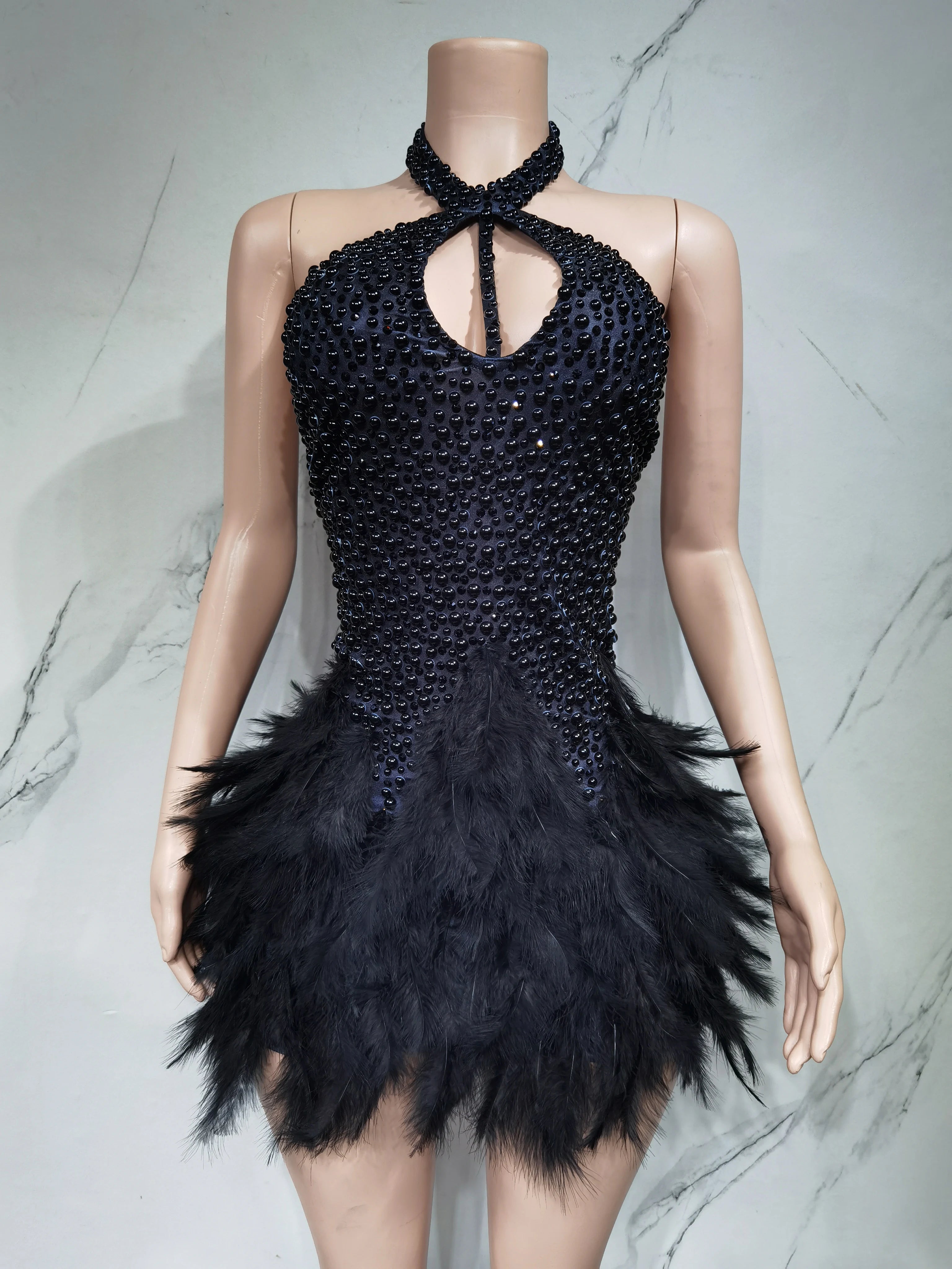 Women's Sexy Latin Dance Dress – Feather Skirt, Hollow Design & Halter Neck