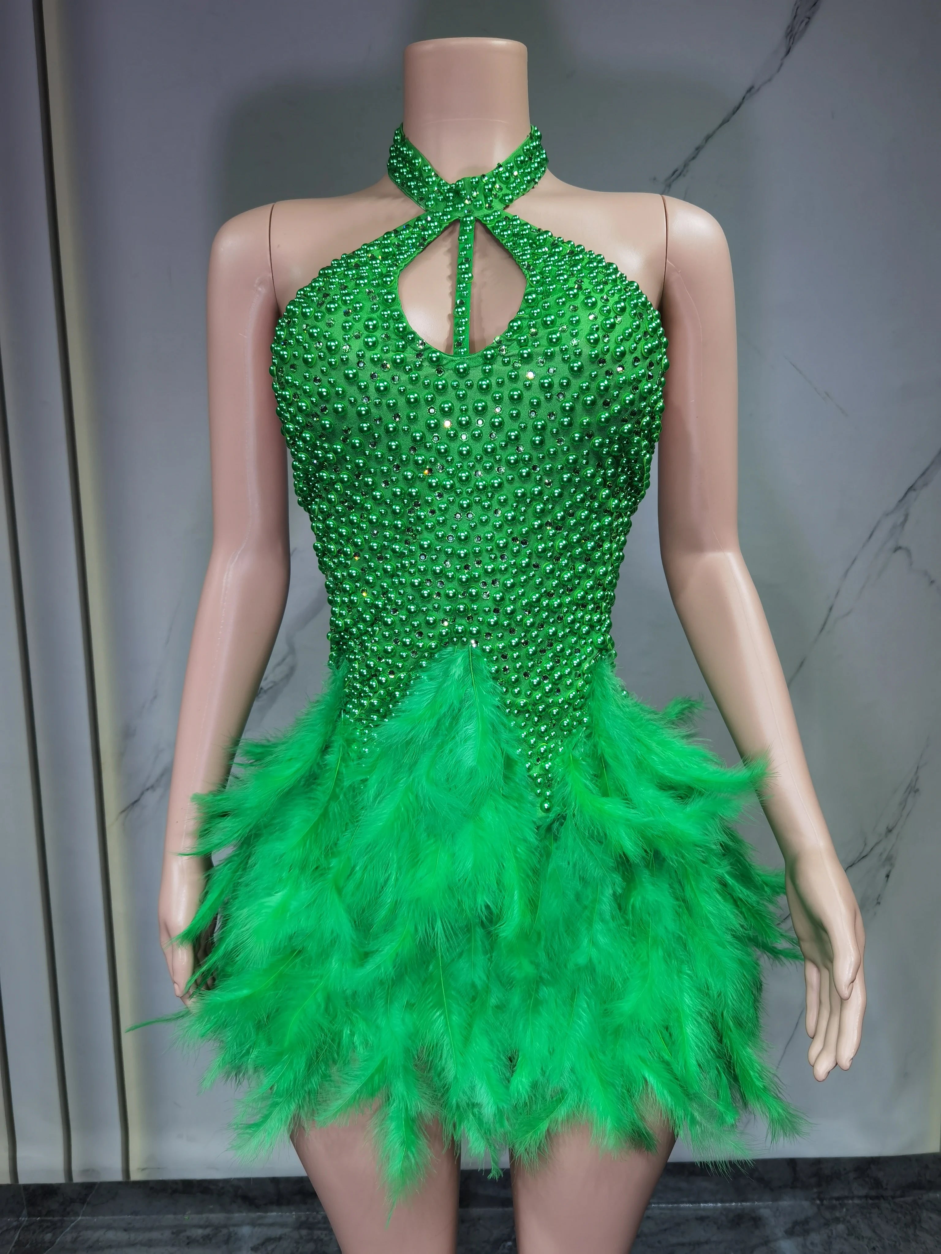 Women's Sexy Latin Dance Dress – Feather Skirt, Hollow Design & Halter Neck