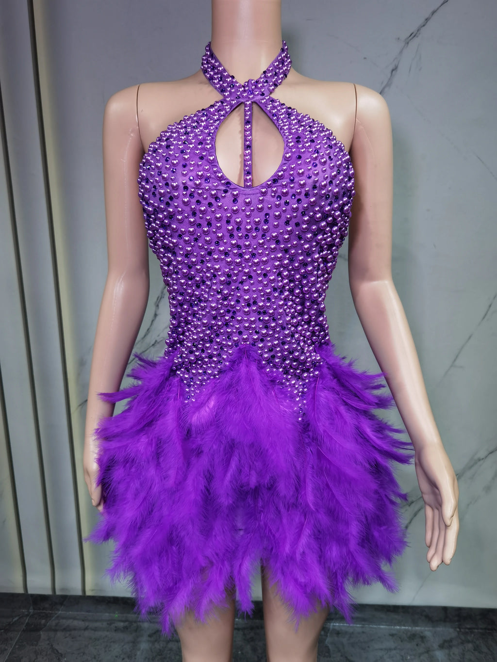 Women's Sexy Latin Dance Dress – Feather Skirt, Hollow Design & Halter Neck