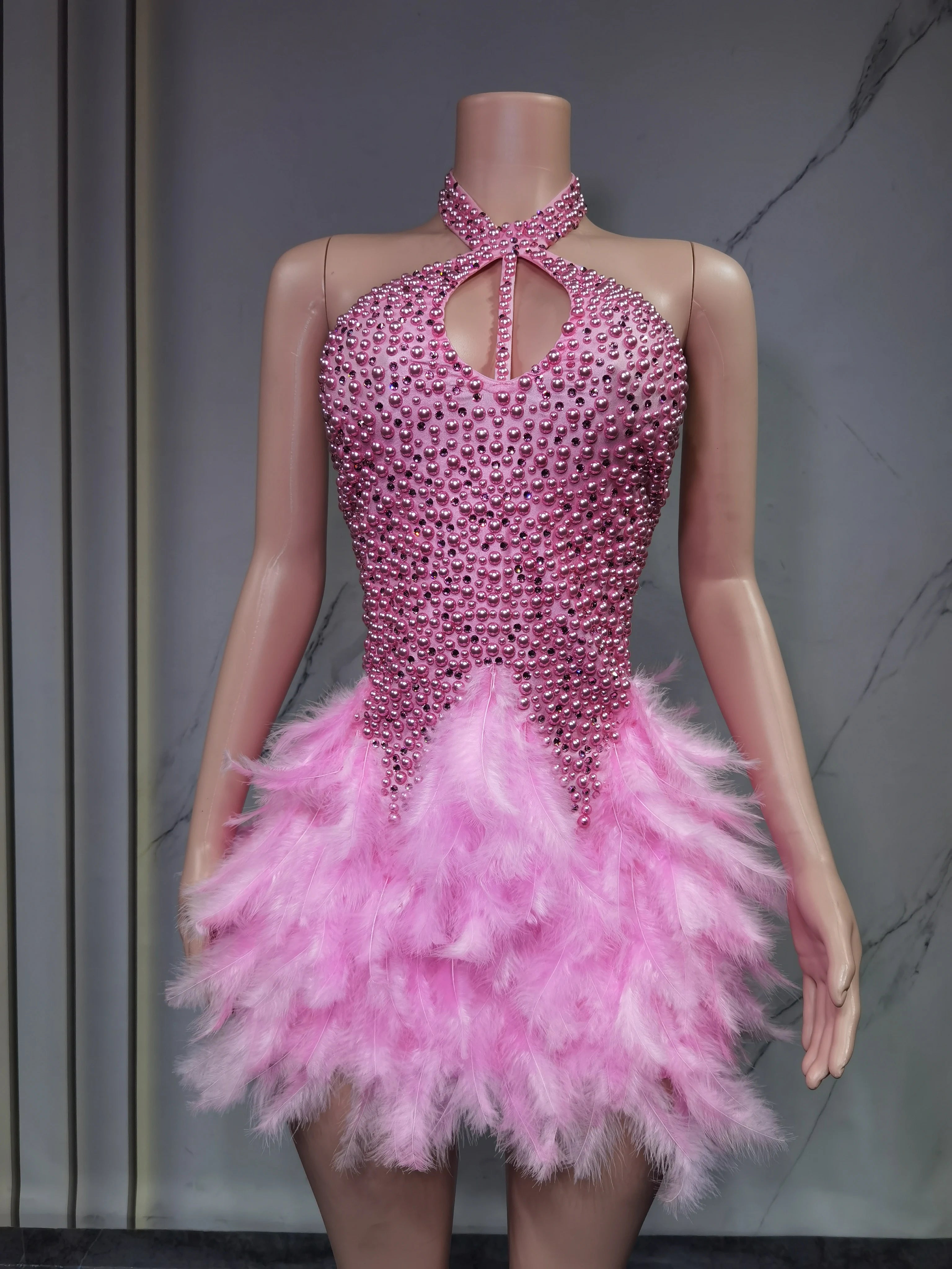 Women's Sexy Latin Dance Dress – Feather Skirt, Hollow Design & Halter Neck