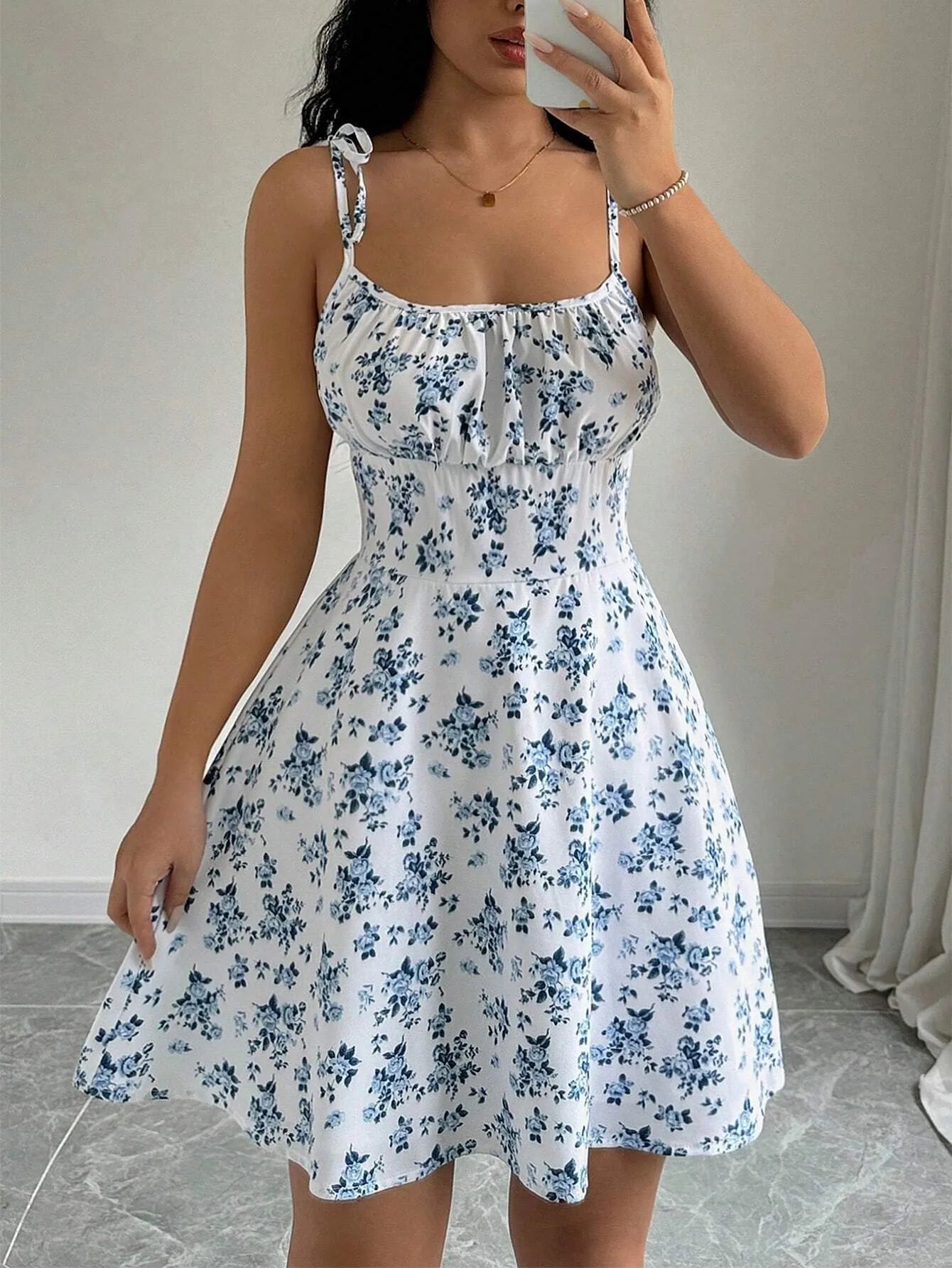 Women's French Style Floral A-Line Camisole Dress – Sleeveless, Knee-Length