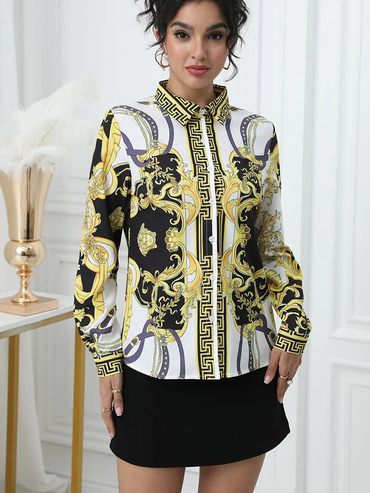 Women's Office Lady Print Shirt – Turn-Down Collar, Full Sleeve, Stretch Woven