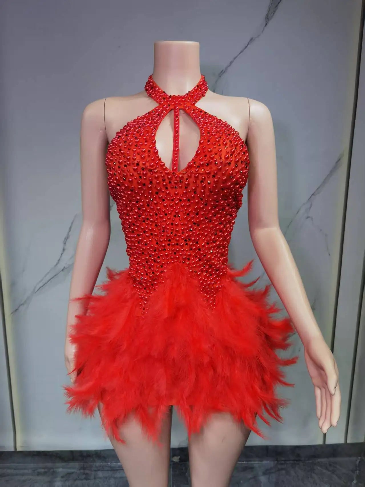 Women's Sexy Latin Dance Dress – Feather Skirt, Hollow Design & Halter Neck