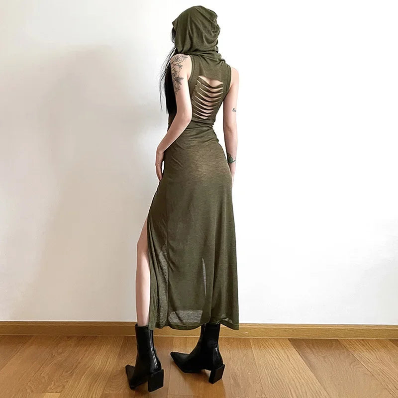 Fmxires Women's Sexy Hollow Out Hooded Sheath Dress – Slim Fit, Ankle-Length