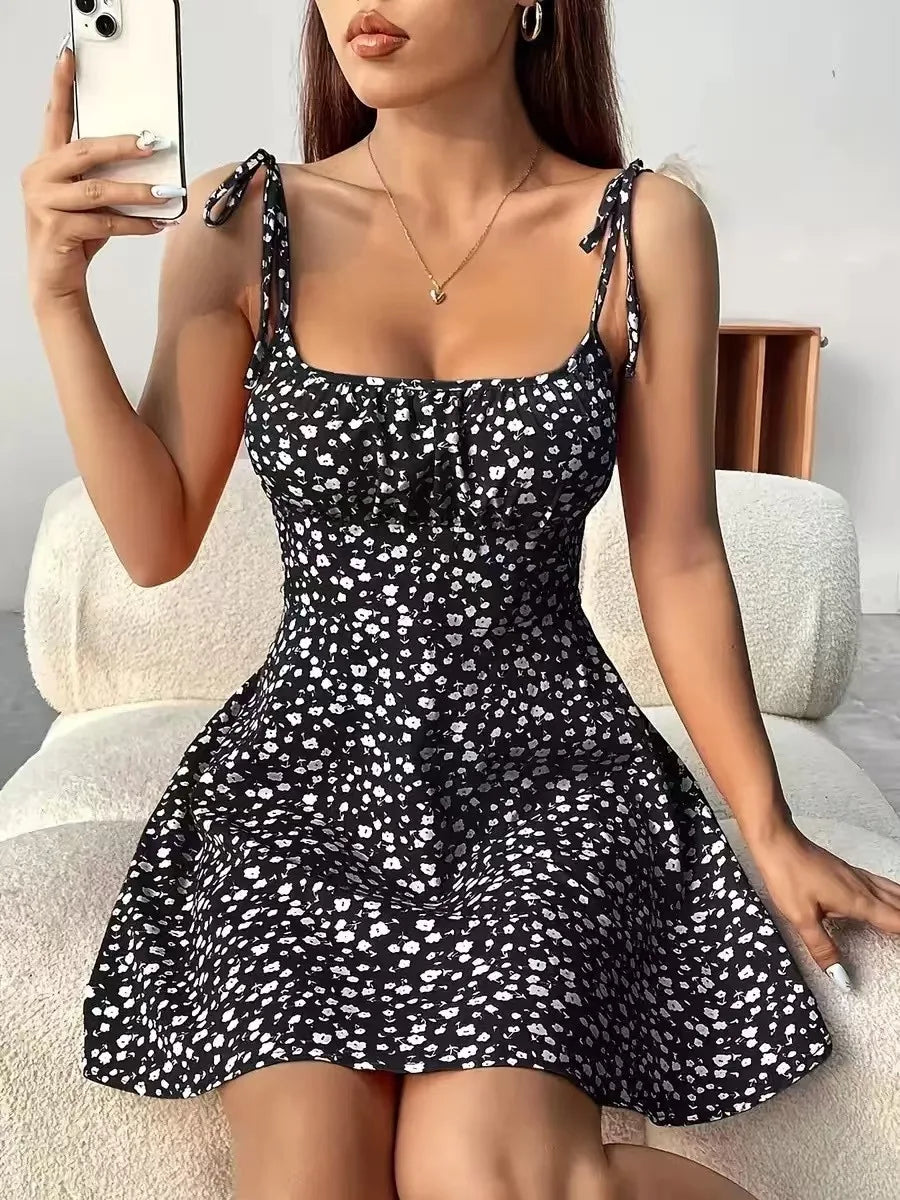 Women's French Style Floral A-Line Camisole Dress – Sleeveless, Knee-Length