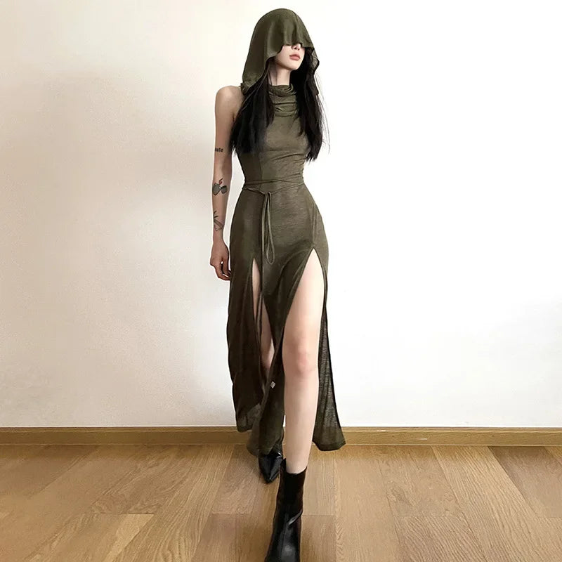Fmxires Women's Sexy Hollow Out Hooded Sheath Dress – Slim Fit, Ankle-Length